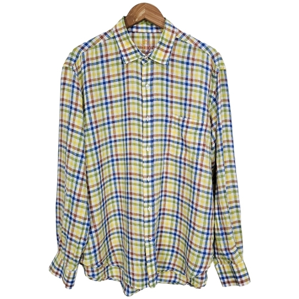 Mens J. McLaughlin Linen Plaid Shirt Sz XL Checkered Flannel Button Up Collar